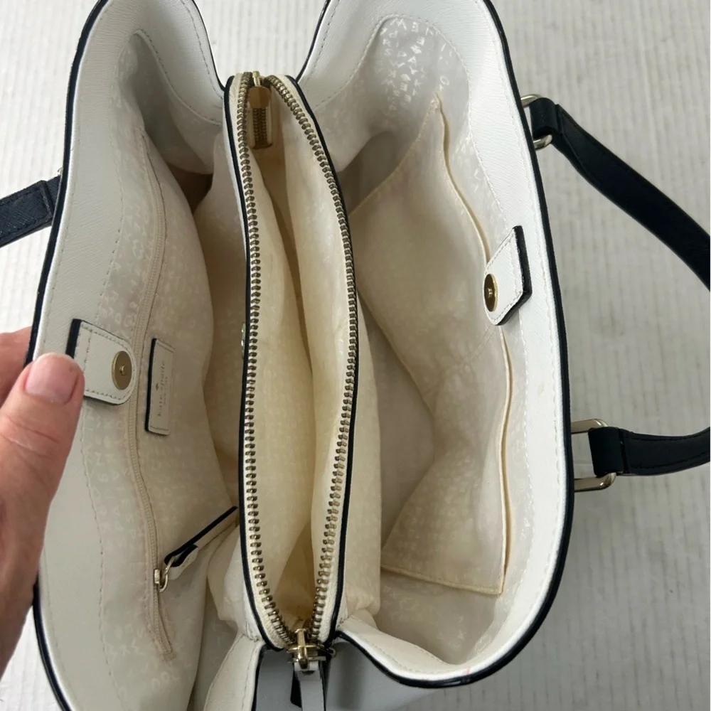 Kate Spade Laurel Way Evangelie Tote Cream Nude Black Straps Gold Satchel Bag